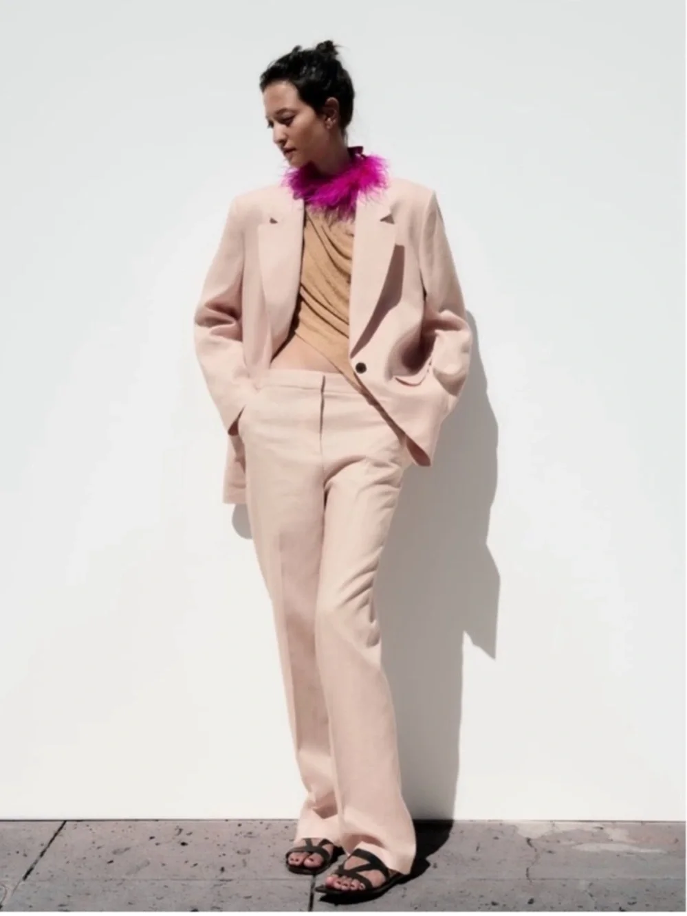 ZARA 2Piece Linen Wide Keg Pants and One Button Blazer Pant set, Medium